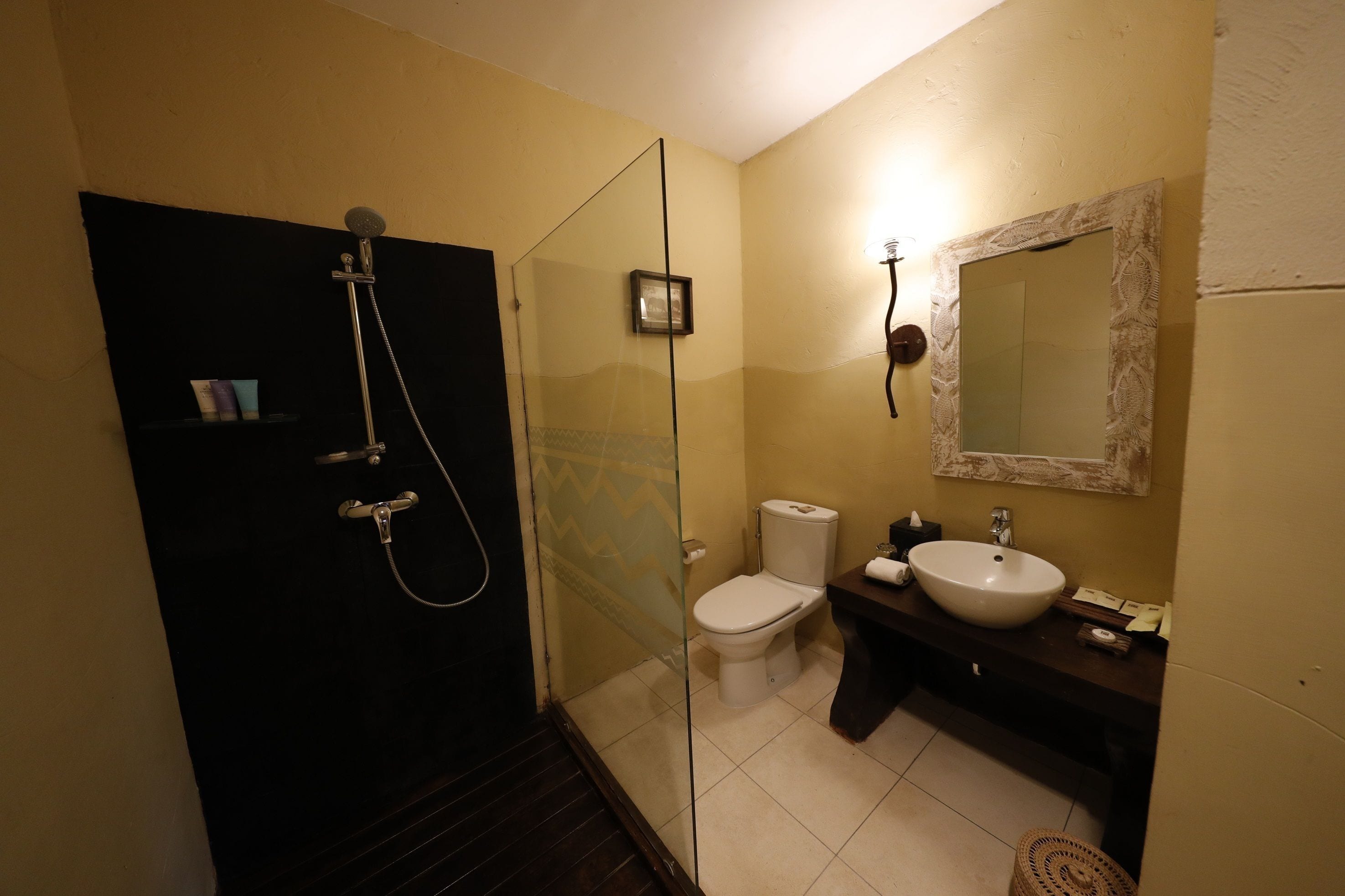 swala deluxe room + bali safari entrance & safari journey | bathroom | shower, free toiletries, hair dryer, bathrobes