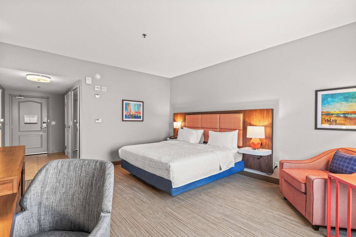 A hotel room with a bed, a chair, a desk, and a couch.
