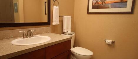 A bathroom with a sink, toilet, and a framed picture on the wall.