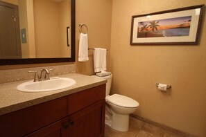 A bathroom with a sink, toilet, and a framed picture on the wall.