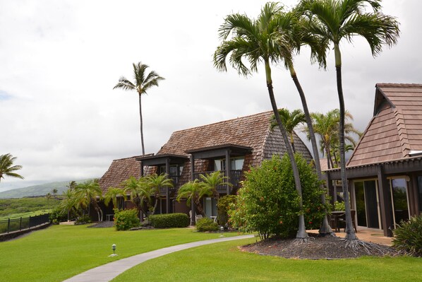 A two-story building with a brown roof and large windows, surrounded by palm trees and a well-maintained lawn.
