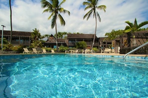 A clear blue pool surrounded by lounge chairs and palm trees, with a building featuring a thatched roof in the background. - Sea Mountain (Pahala)
