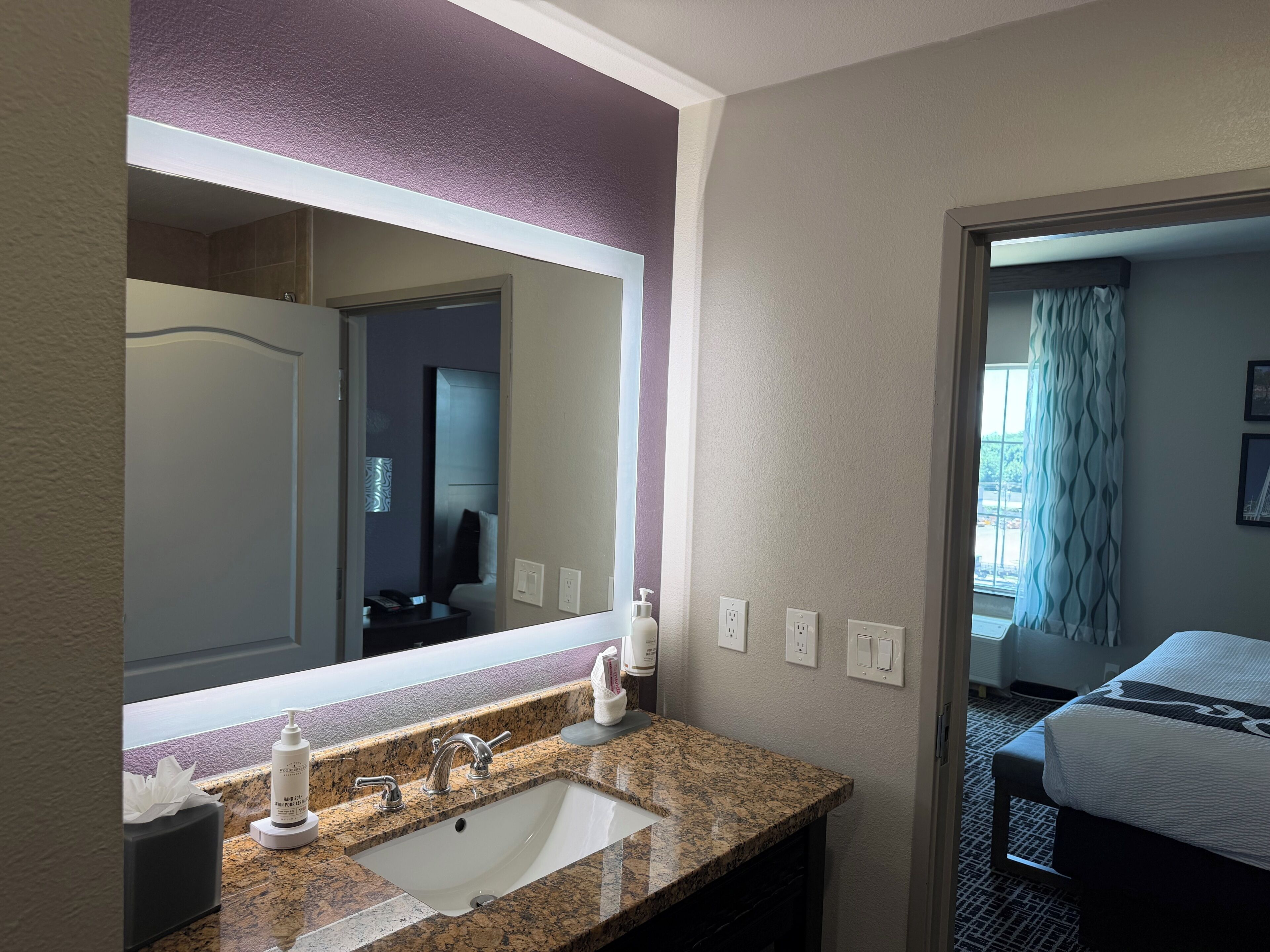 Un baño de hotel con un espejo grande, un lavamanos y un inodoro.