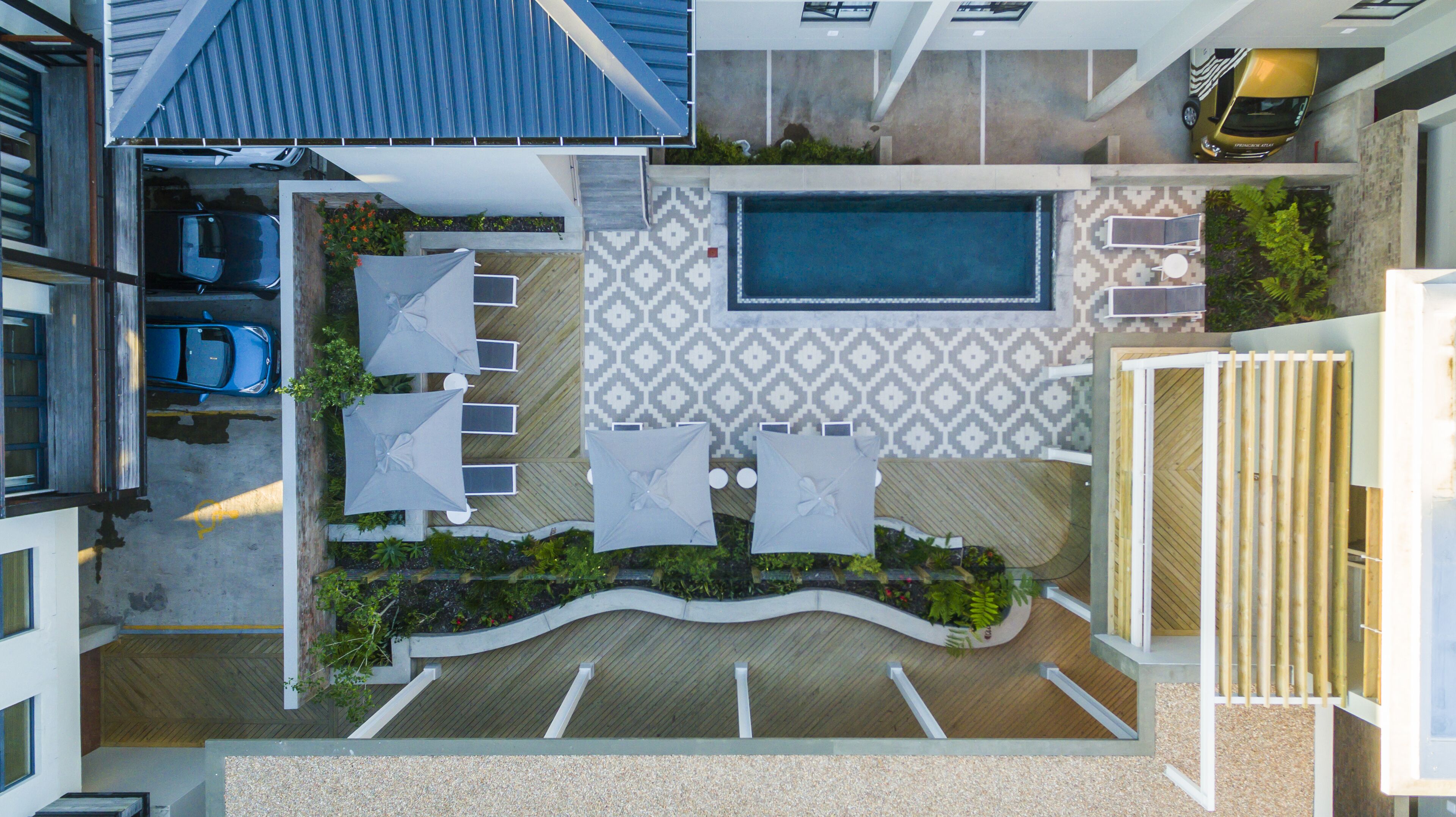 outdoor pool, pool umbrellas, pool loungers