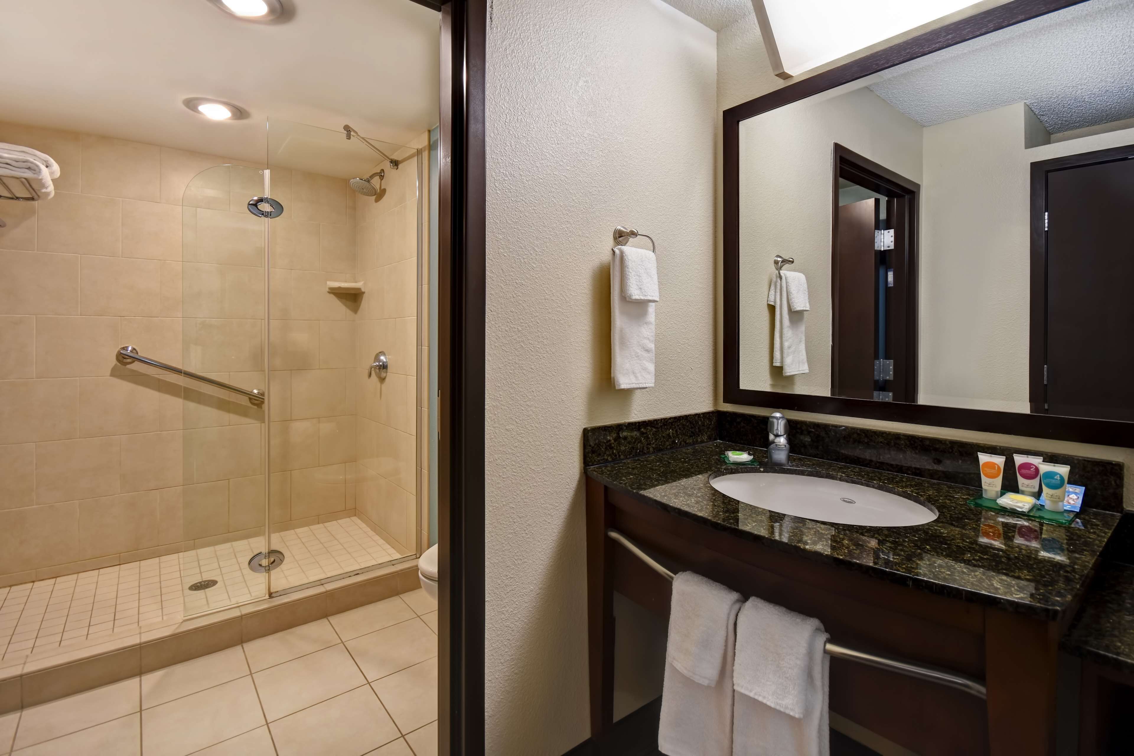 Een hotelbadkamer met een douchecabine, een wastafel met toiletartikelen en een grote spiegel.