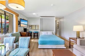 Une chambre d’hôtel comprenant un lit, un bureau avec une télévision, un coin salon avec des fauteuils et une fenêtre donnant sur la plage.