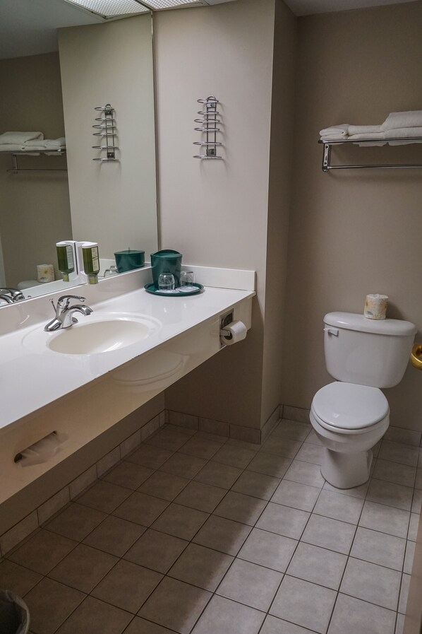 A bathroom with a sink, mirror, towel rack, toilet, and a shelf with toiletries. - Chateau Logue Hôtel (Maniwaki)