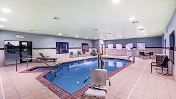 Indoor pool, open 10:00 AM to 10:00 PM, sun loungers