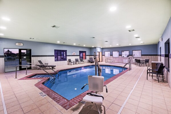 Indoor pool, open 10:00 AM to 10:00 PM, sun loungers