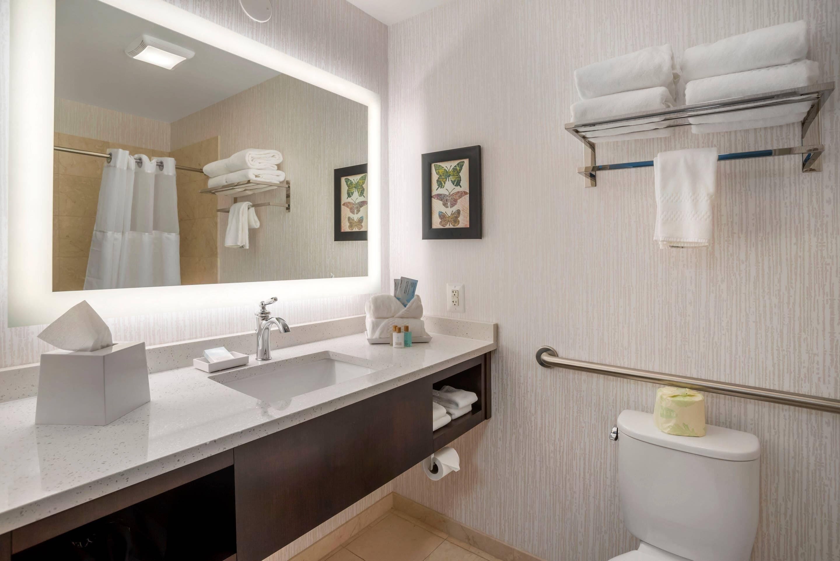 A bathroom with a large mirror, a sink, a toilet, and a towel rack.