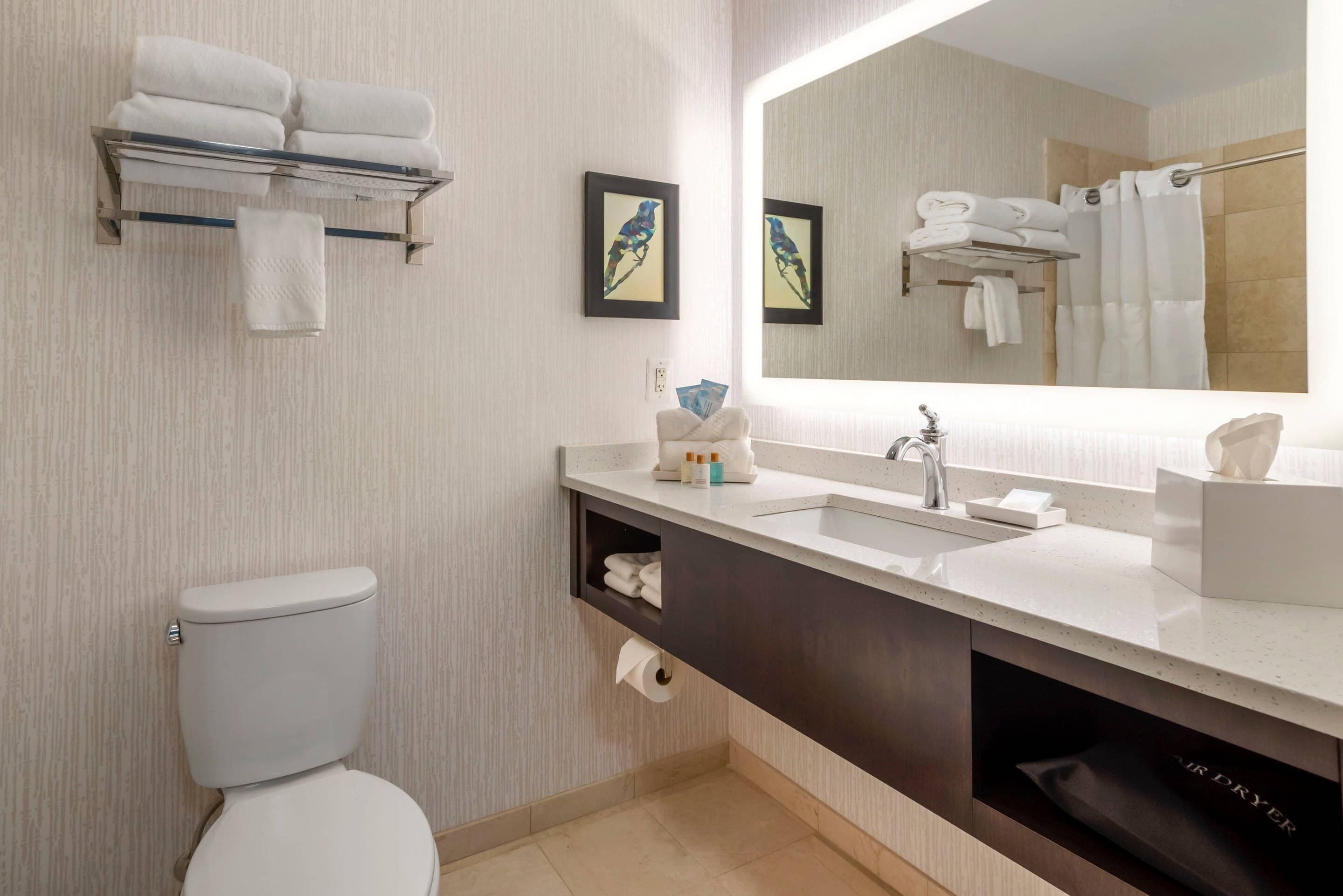 A modern bathroom with a toilet, a sink with a mirror, and a towel rack.