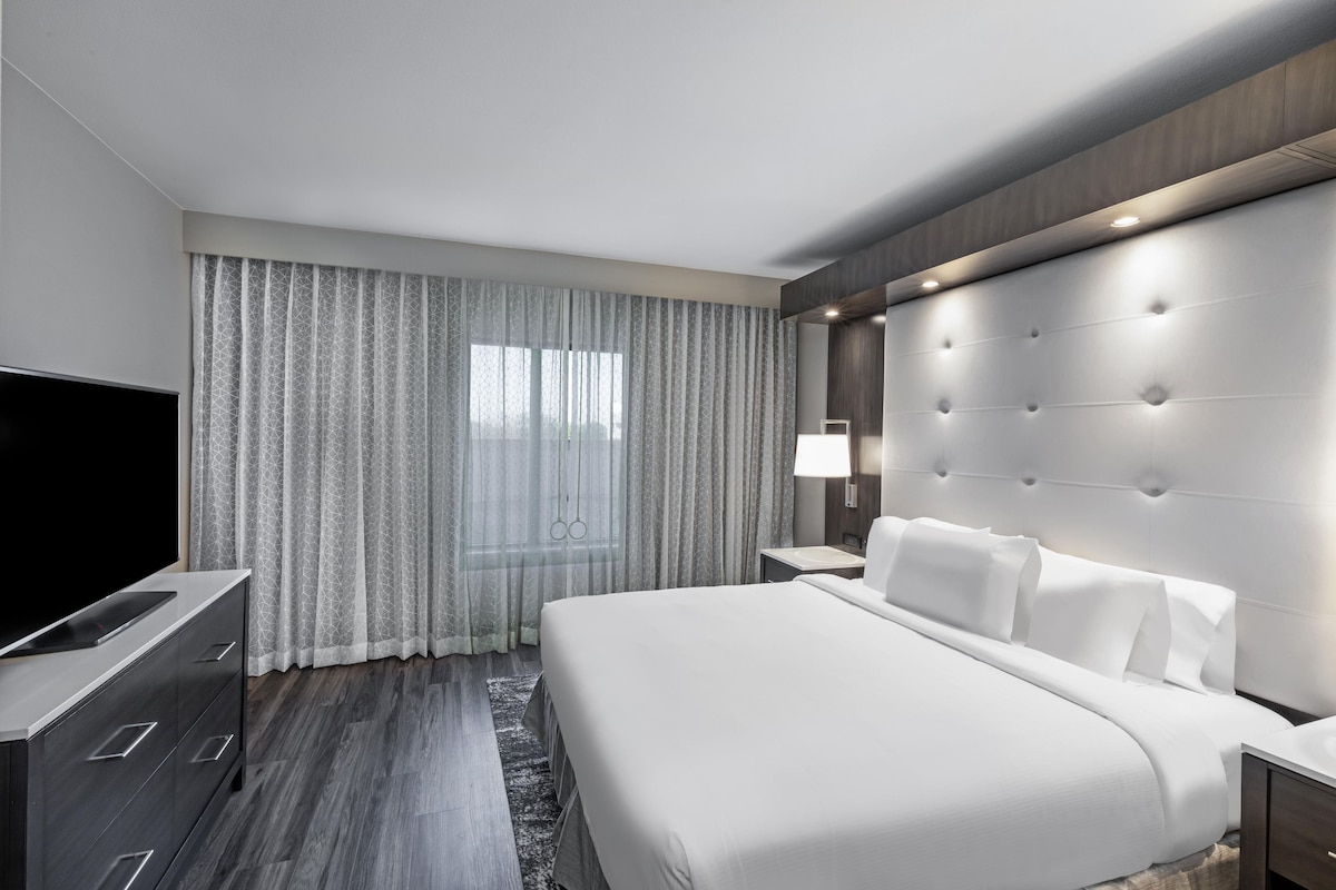 A modern hotel room with a large bed, a flat-screen TV, a bedside table with a lamp, and a window with sheer curtains.
