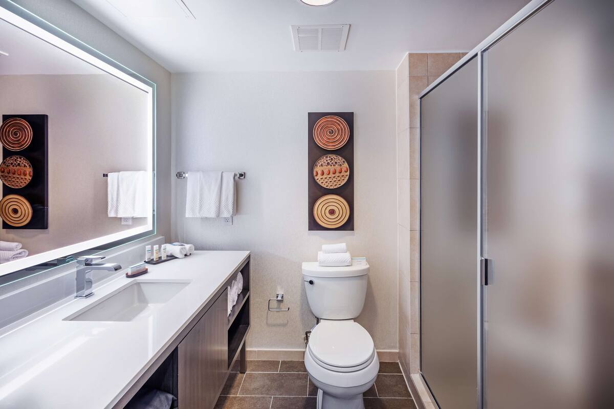 A modern bathroom with a large mirror, a white sink, a toilet, and decorative wall art.