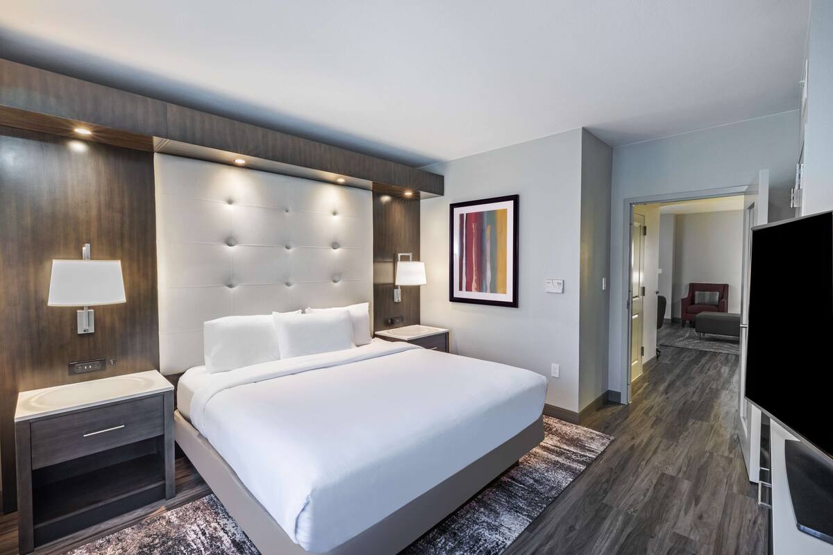 A hotel room with a large bed, bedside tables, a TV, and a modern design.