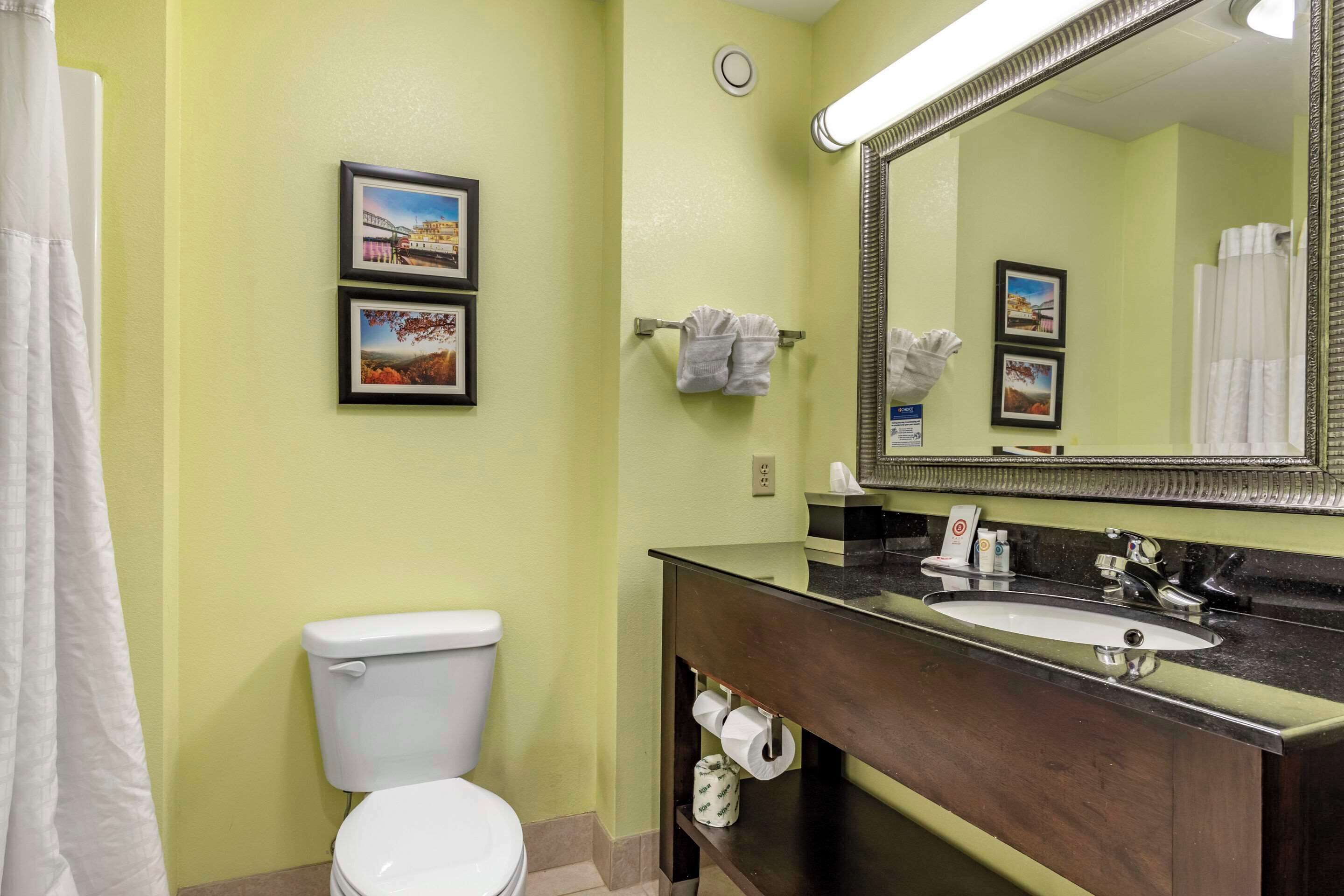 A bathroom with a toilet, sink, and mirror. There are two framed pictures on the wall.