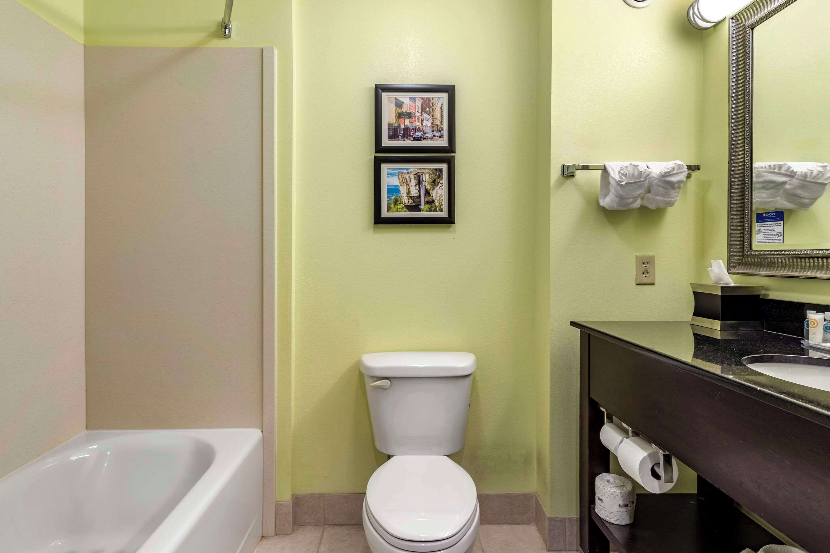 A bathroom with a white toilet, a bathtub, and two framed pictures on the wall.
