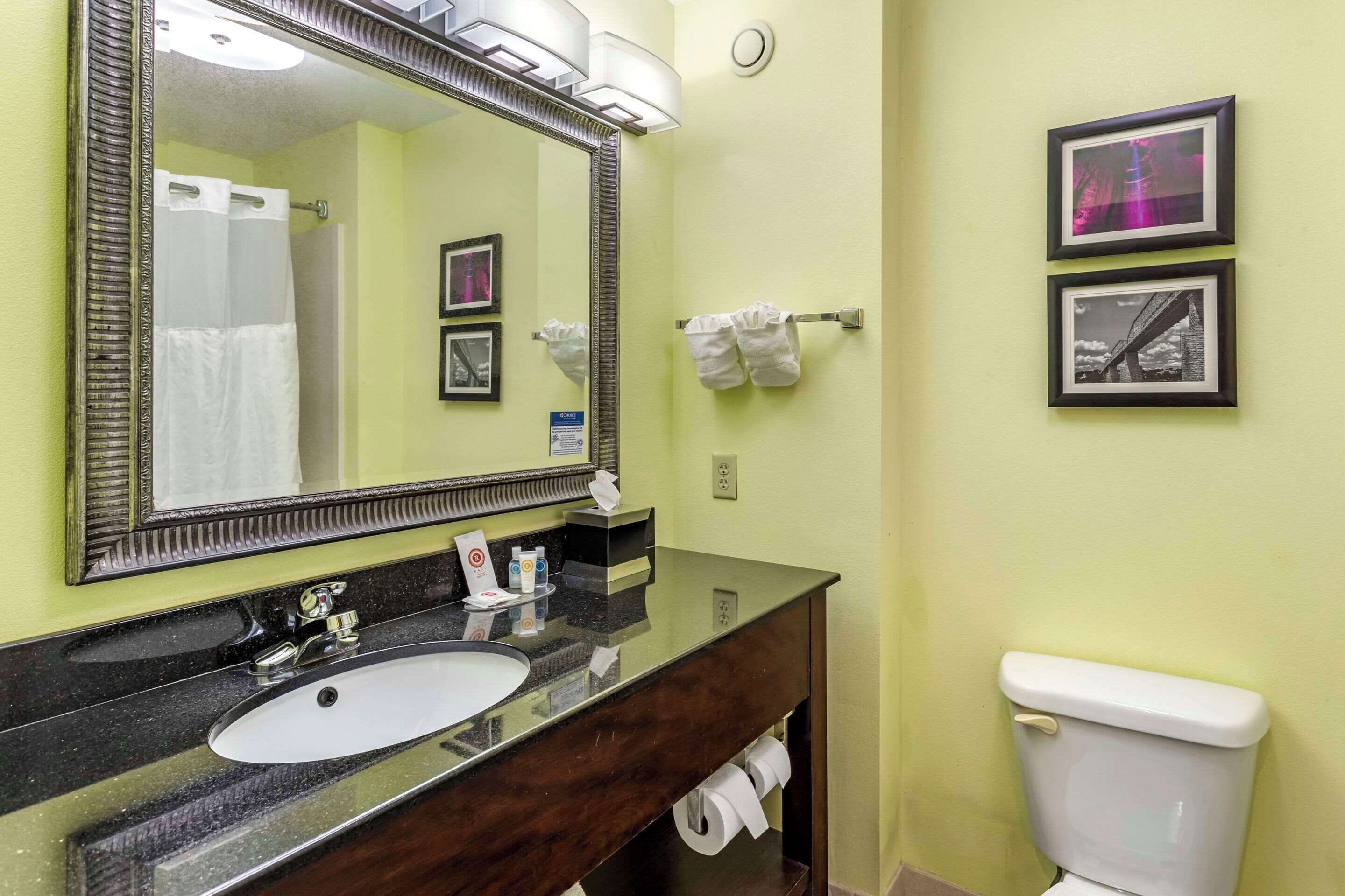 A bathroom with a large mirror, a sink, a toilet, and two framed pictures on the wall.