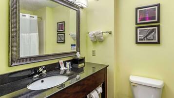 A bathroom with a large mirror, a sink, a toilet, and two framed pictures on the wall.