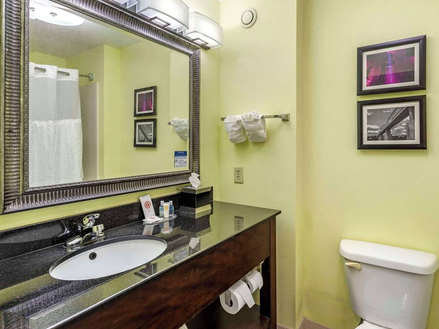 A bathroom with a large mirror, a sink, a toilet, and two framed pictures on the wall.