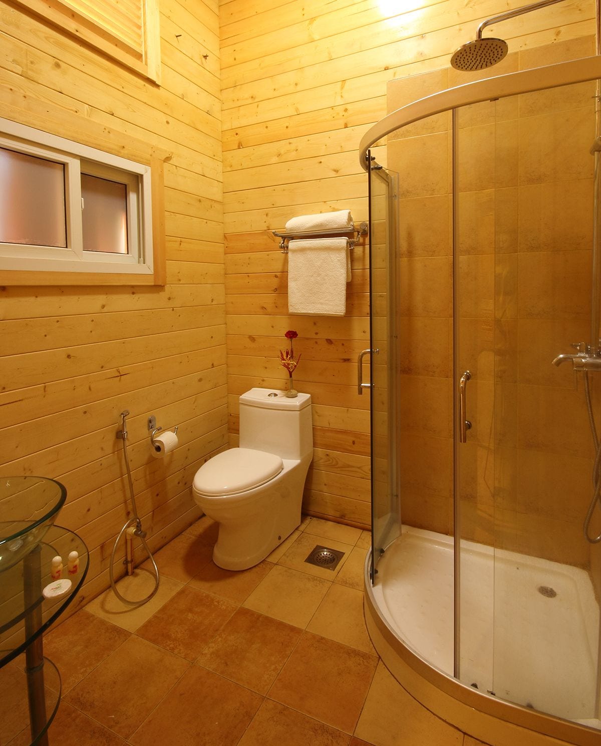 A wooden-paneled bathroom with a glass shower enclosure, a toilet, and a glass sink with toiletries.