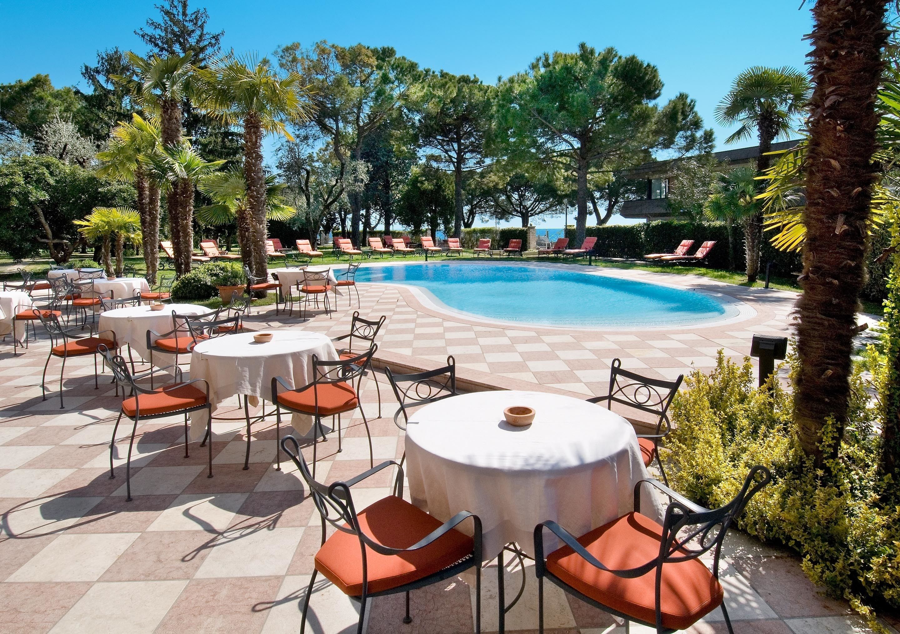 outdoor pool, pool loungers