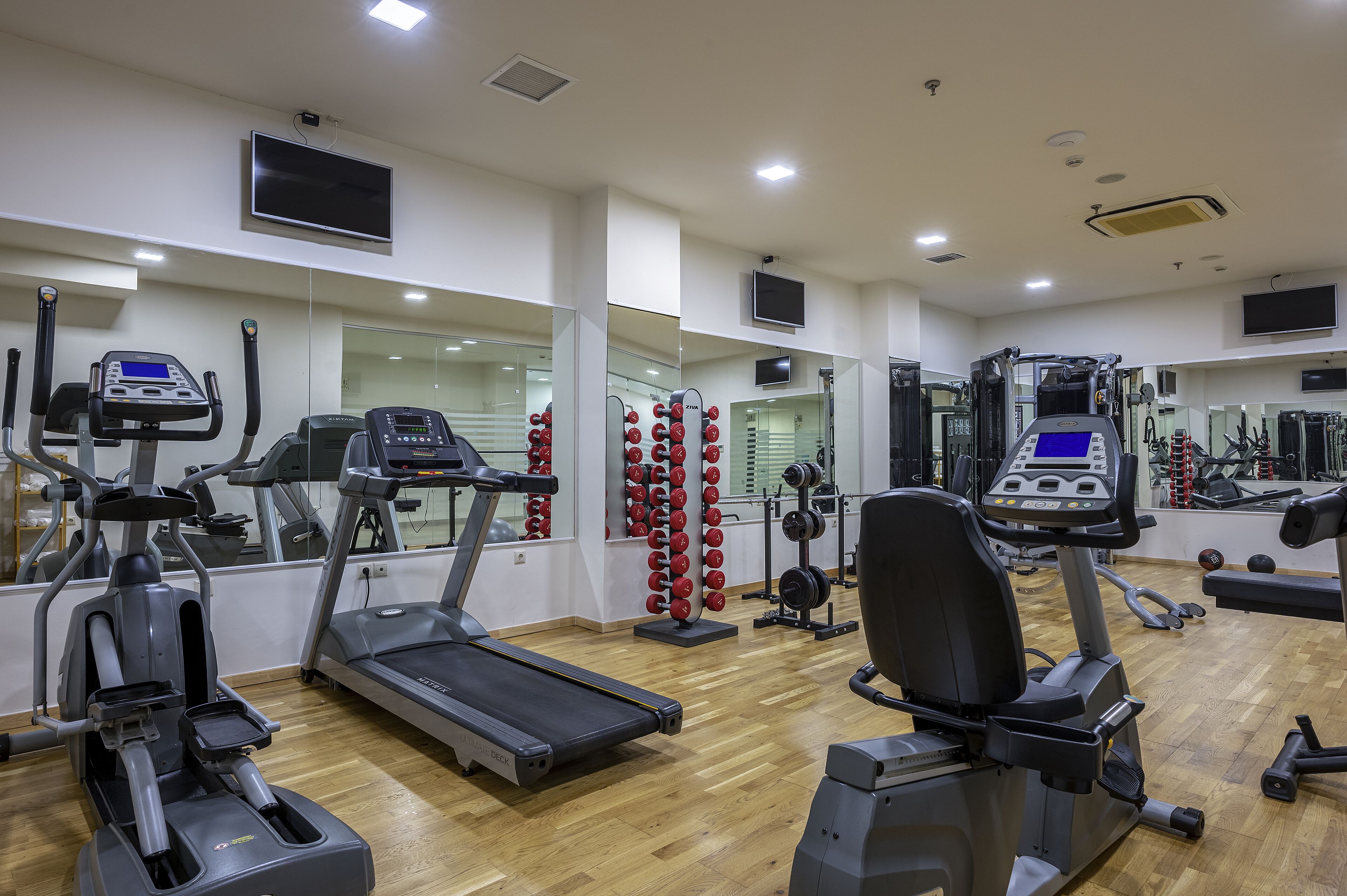 A gym with treadmills, ellipticals, and weight machines.