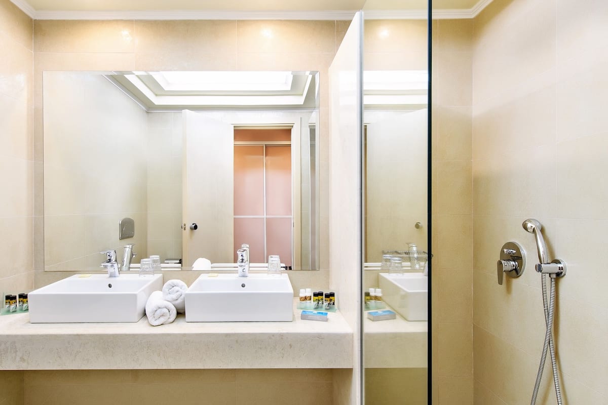 eco-friendly toiletries, hair dryer, slippers, towels