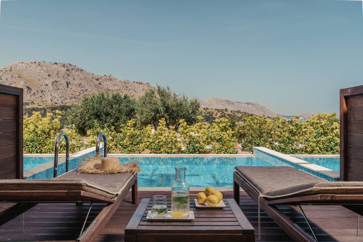A poolside area with lounge chairs, a table with a bottle and lemons, and a view of a mountainous landscape.