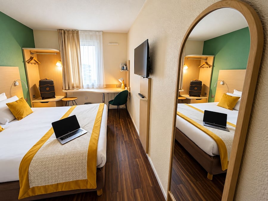A hotel room with two beds, a desk, a chair, a television, and a mirror.