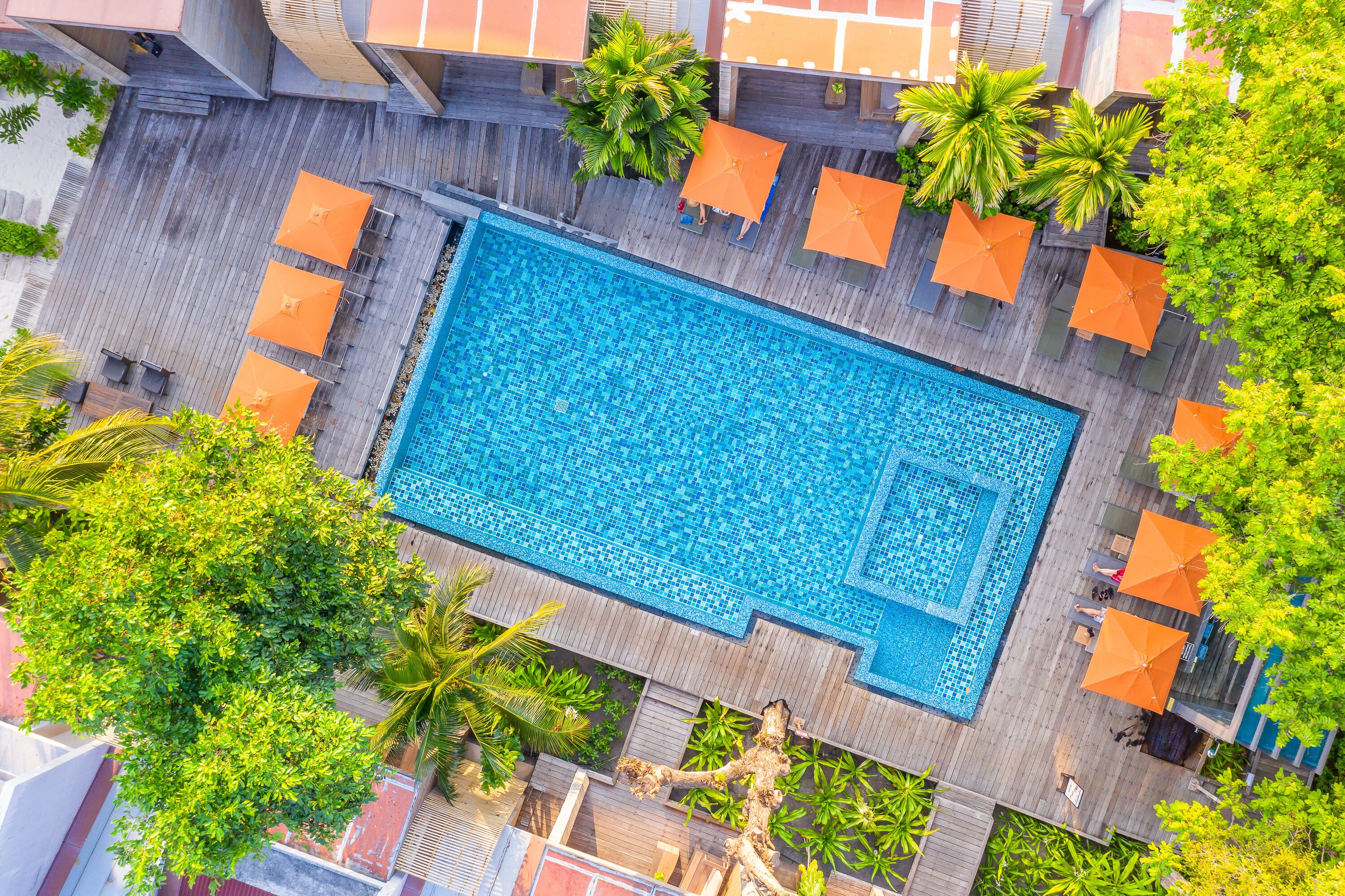 A rectangular swimming pool surrounded by wooden deck, orange umbrellas, and lush greenery.