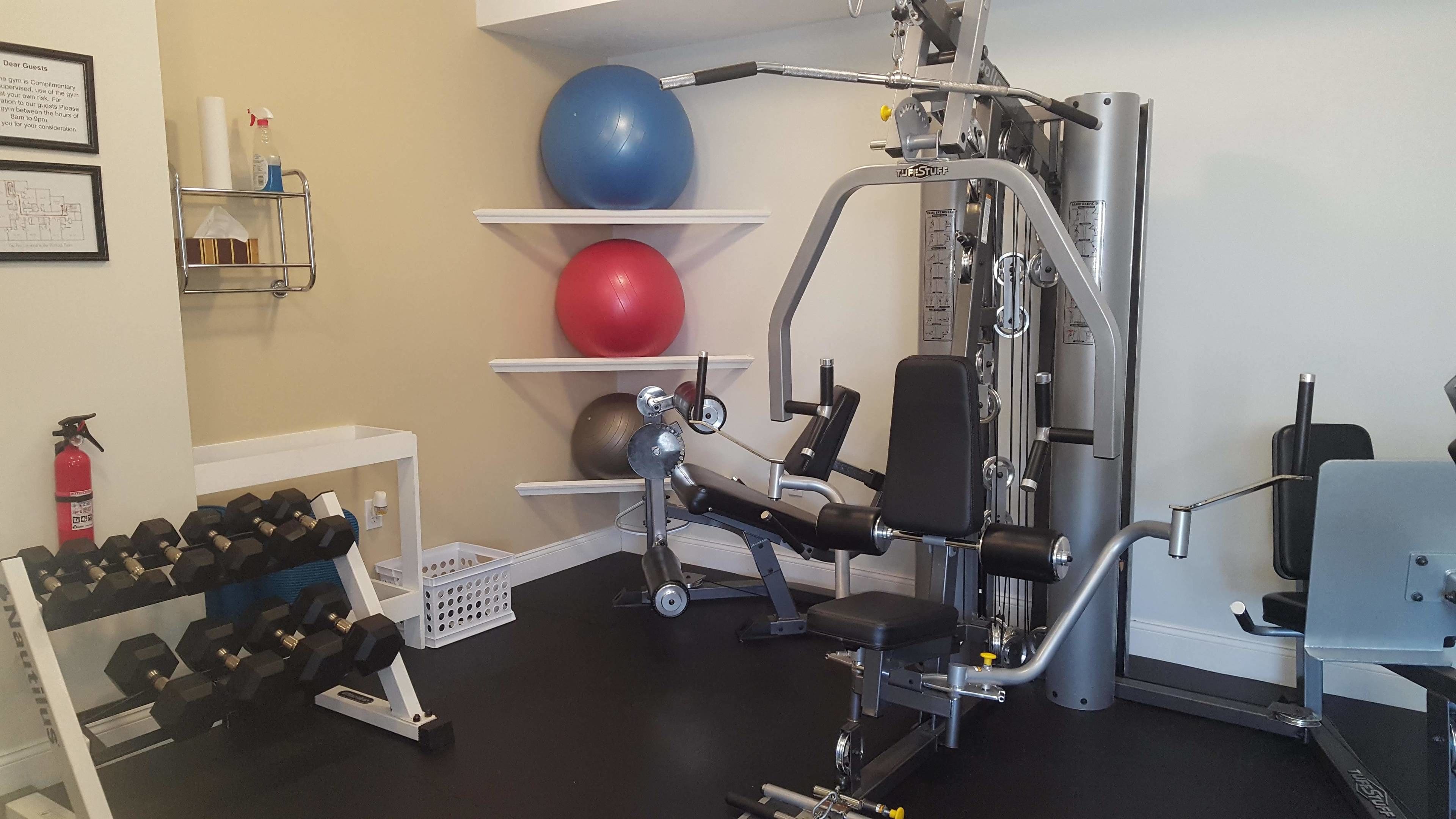 A gym with weight machines, dumbbells, exercise balls, and a fire extinguisher.