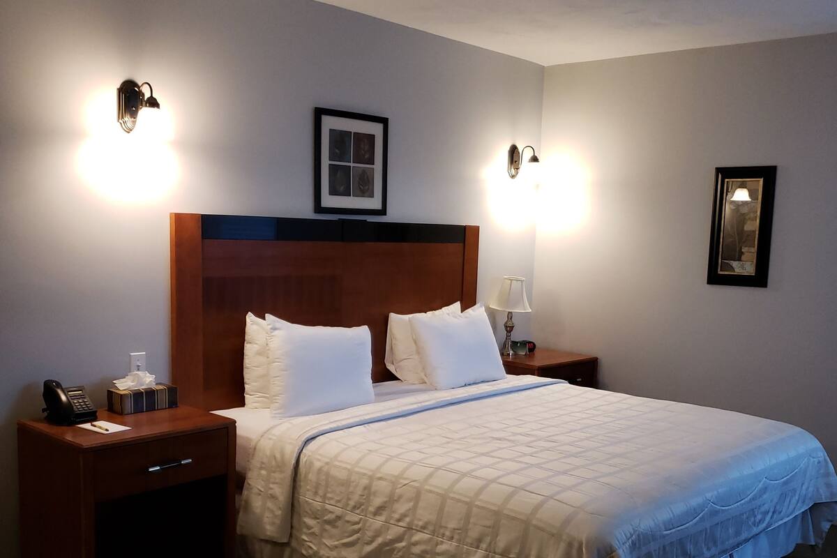 Quarto de hotel com uma cama grande, duas mesas de cabeceira, um criado-mudo e luminárias fixadas na parede.
