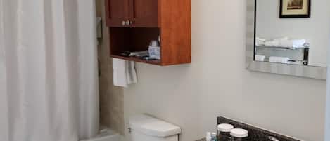 Un bagno con il water, un lavandino, un armadietto in legno e una tenda da doccia.