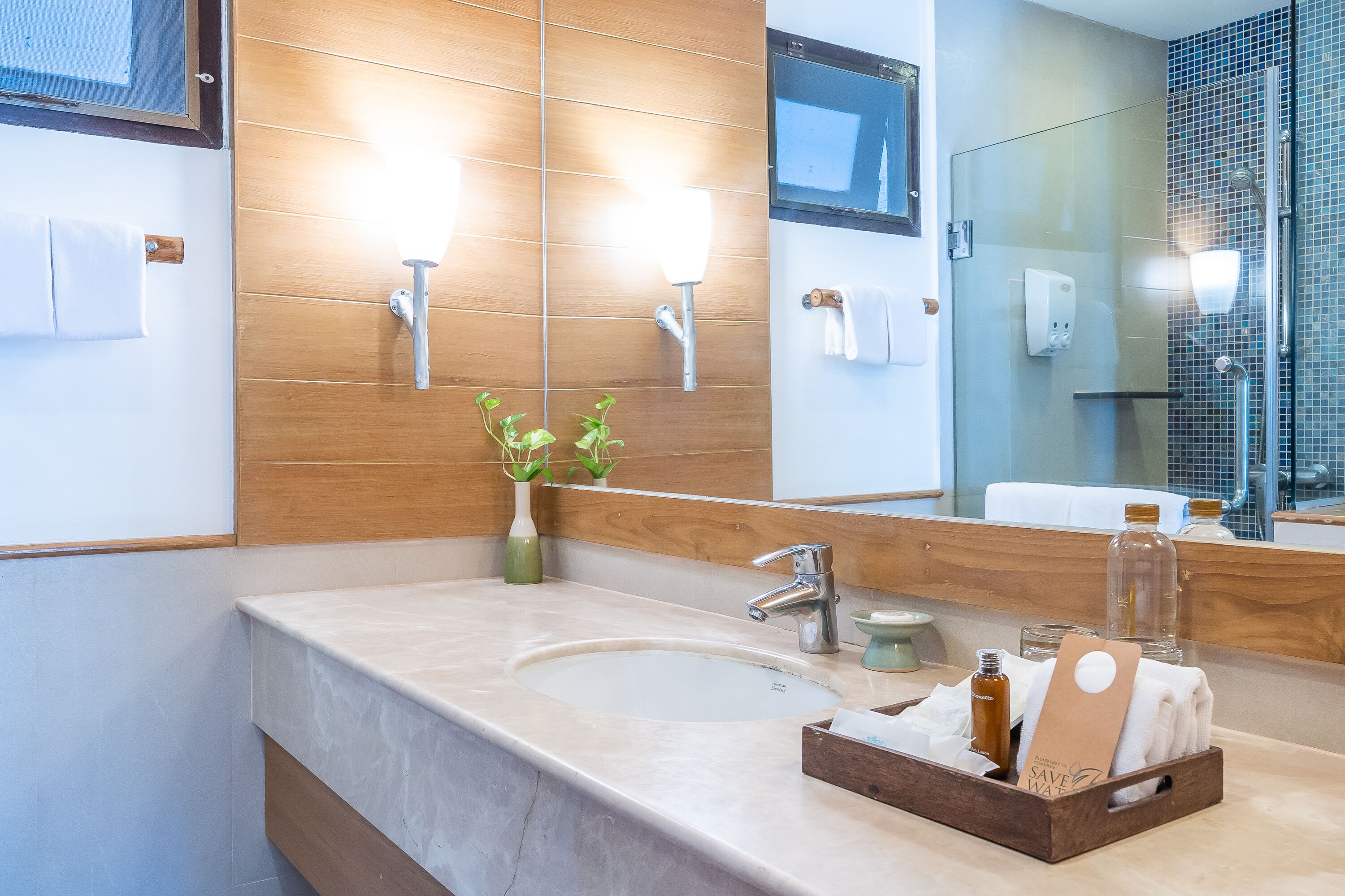 deluxe cottage | bathroom | shower, hair dryer, bathrobes, slippers