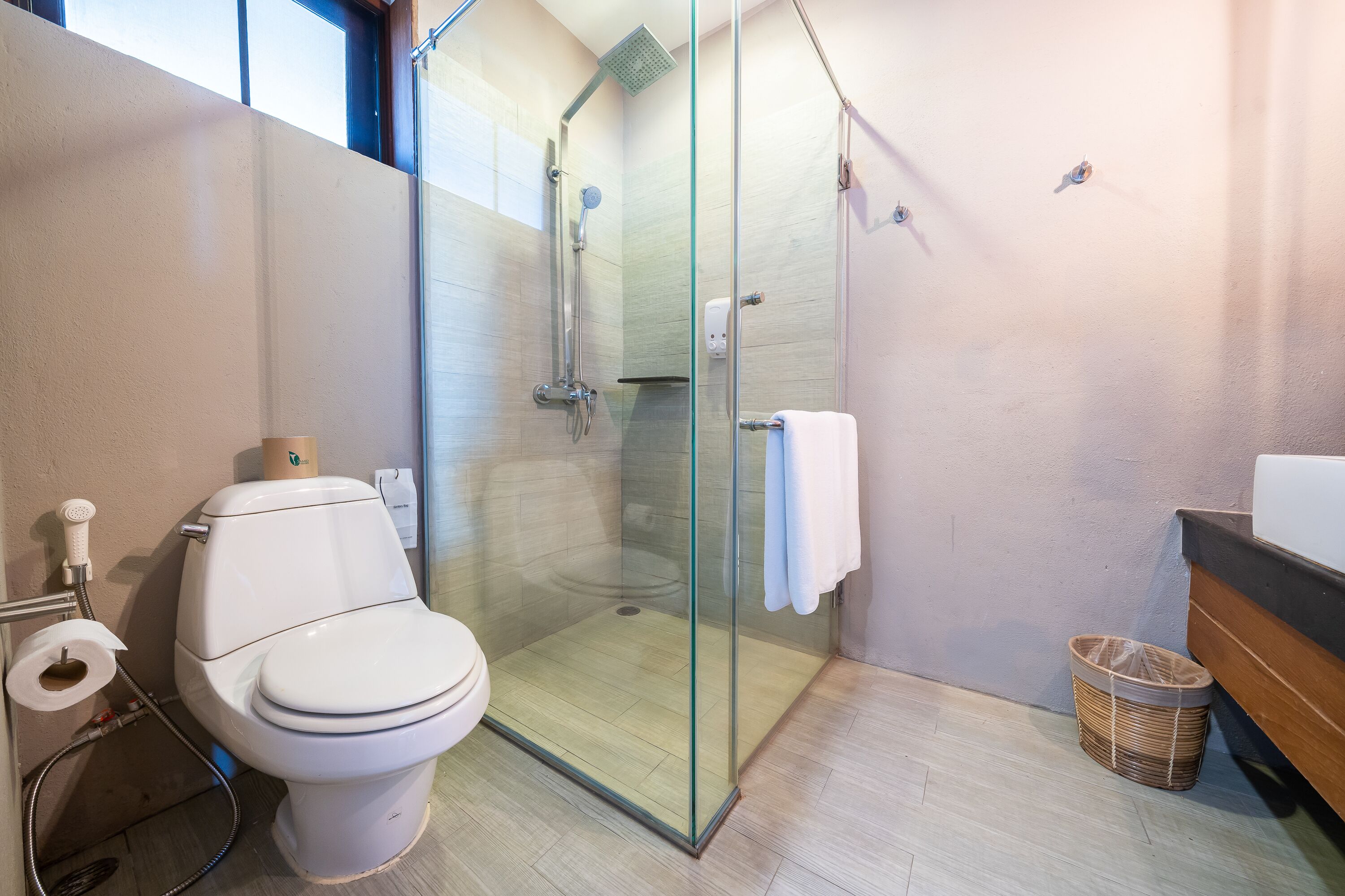 A modern bathroom with a glass-enclosed shower, a toilet, and a wooden vanity.