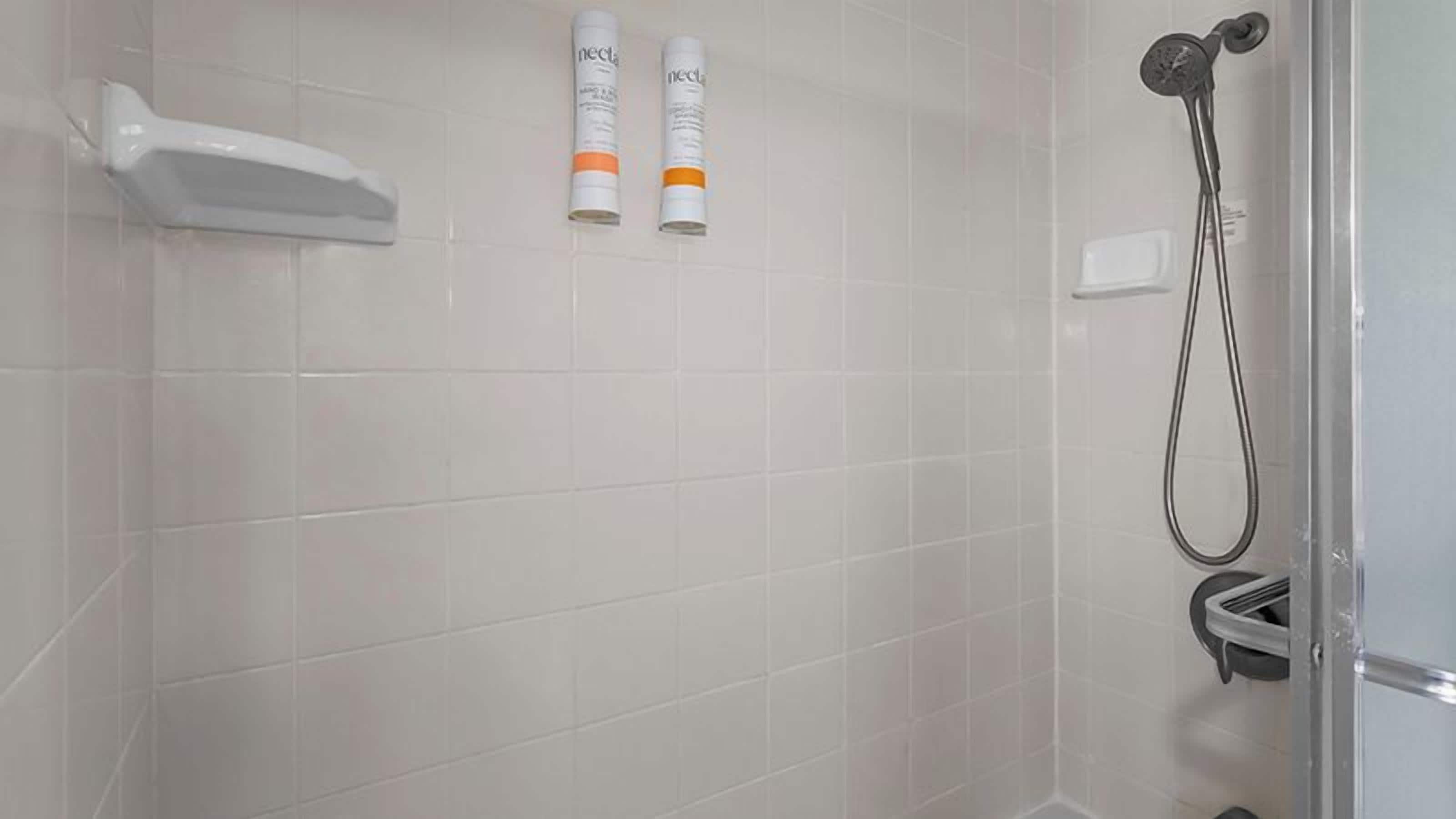 Ein Duschbereich mit weißen Fliesen, einer Handbrause und zwei Shampooflaschen.