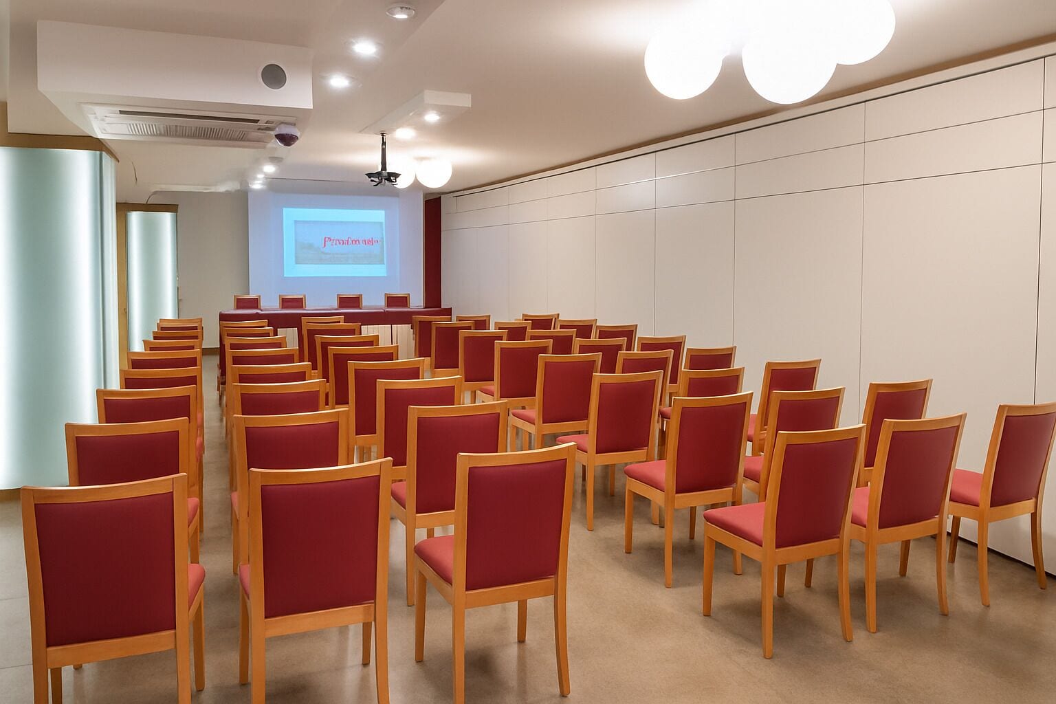 A conference room with rows of wooden chairs and a projection screen.