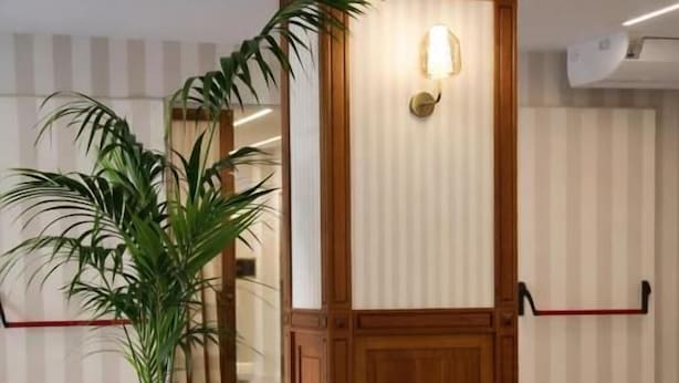 Una habitación con sofá de esquina, planta en maceta, aparador de madera con lámpara y pared a rayas.