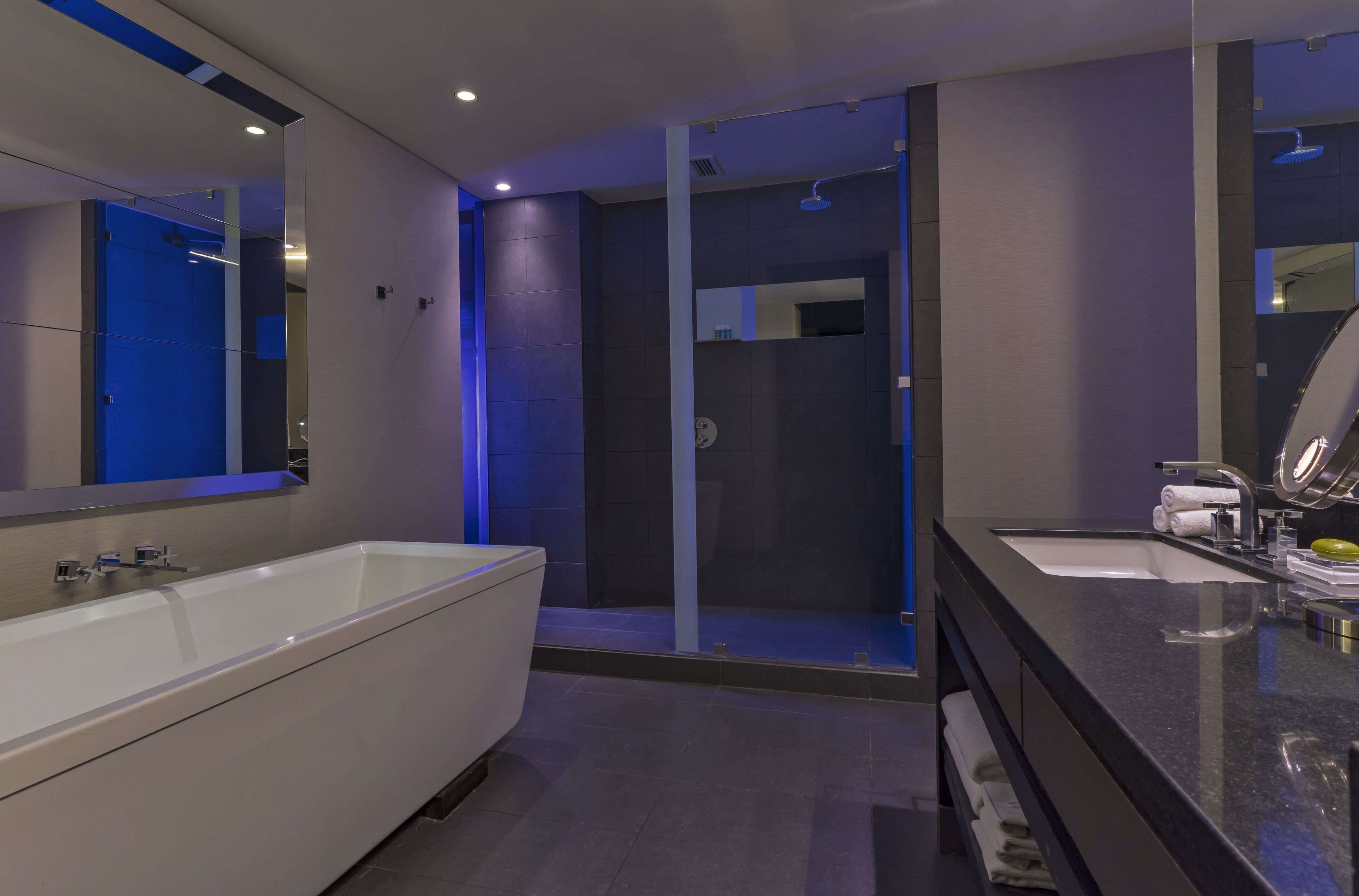 Ein modernes Badezimmer mit einer großzügigen Badewanne, einer separaten Duschkabine und einem Waschtisch mit Spiegel.