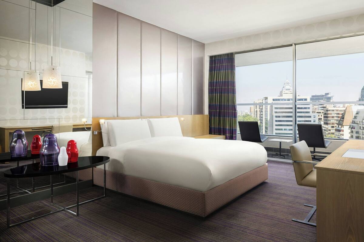 A hotel room with a large bed, a desk, a chair, a TV, and a view of the city.