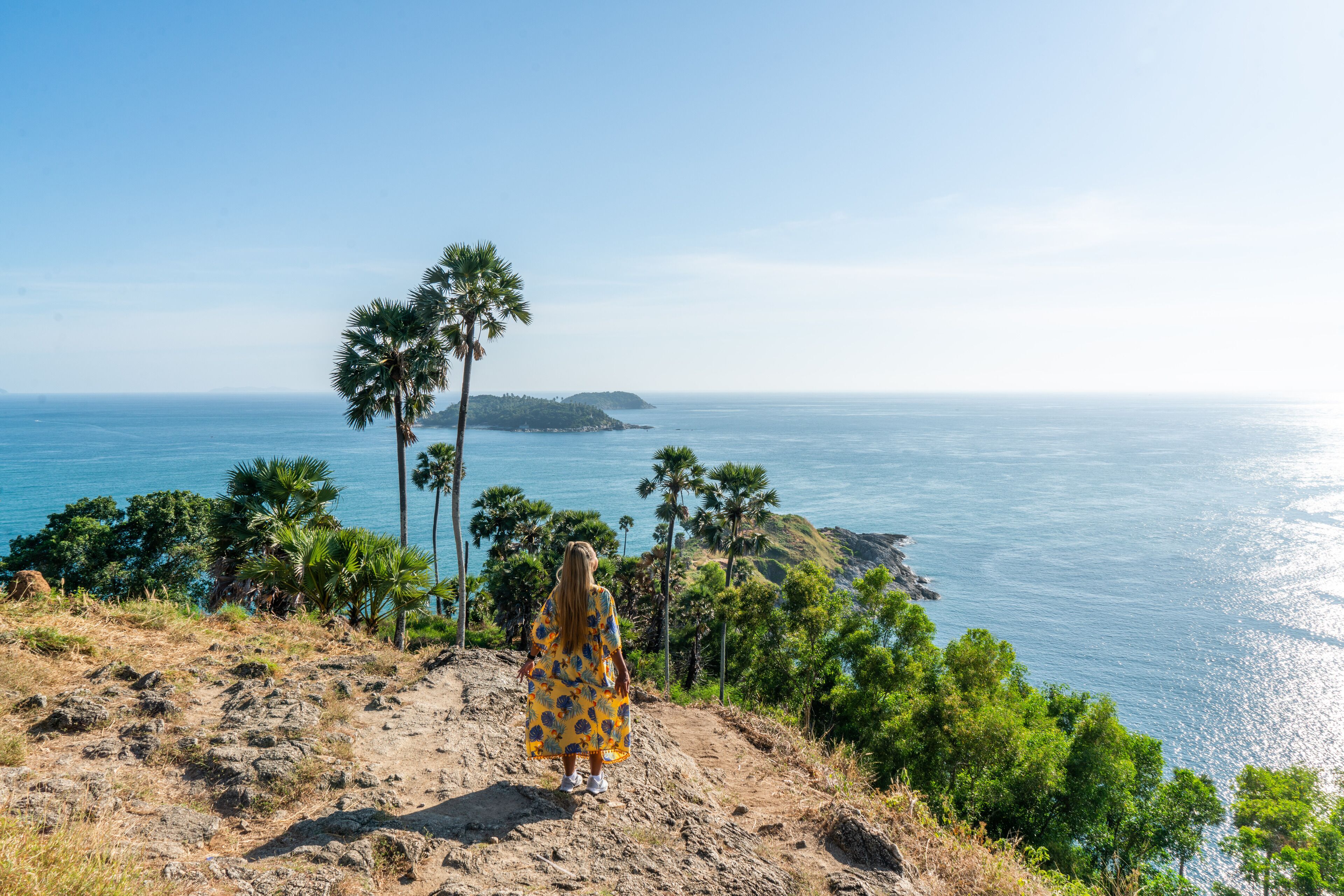 A person standing on a rocky hillside overlooking a coastal landscape with palm trees and a view of the sea.
