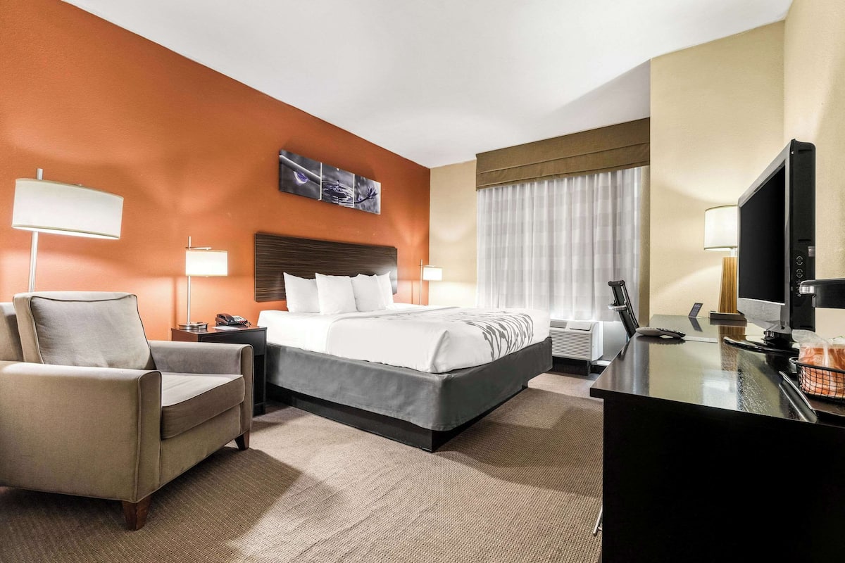 Una habitación de hotel con cama, escritorio, silla y televisión.