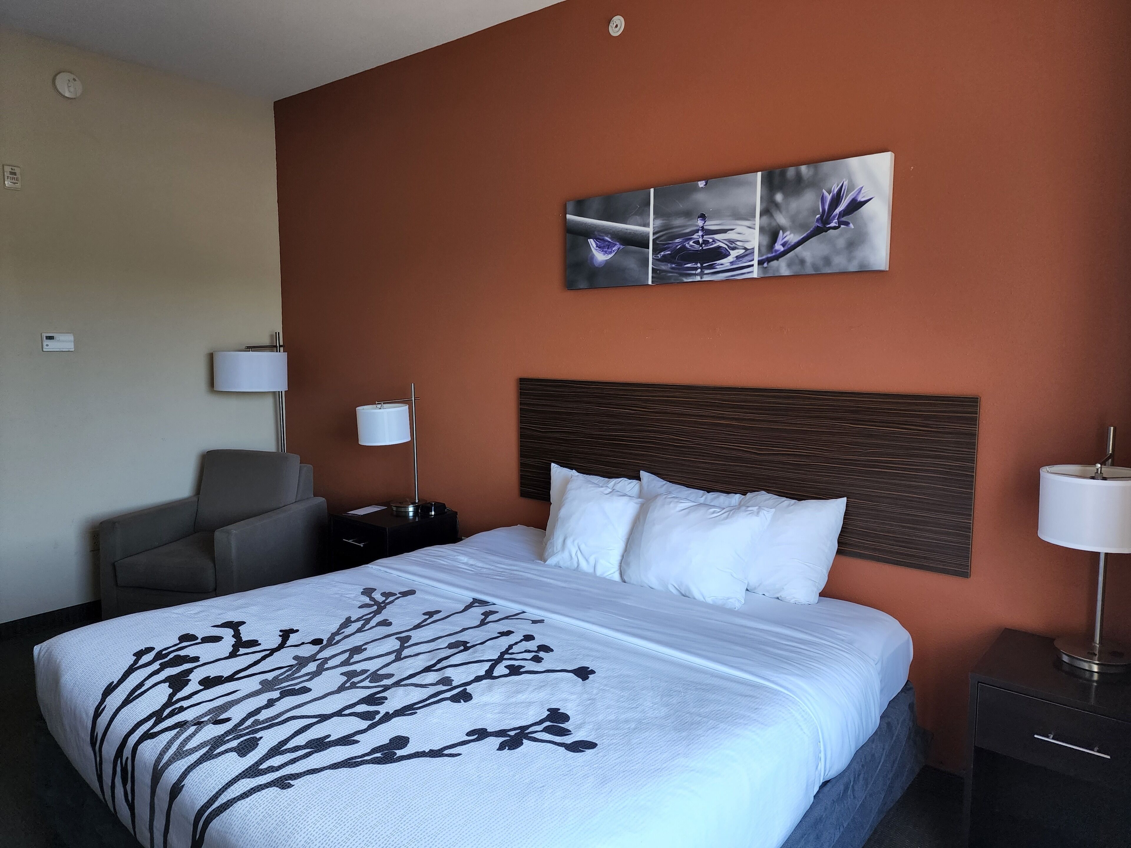 A hotel room with a large bed, a headboard, a nightstand, a lamp, a chair, and a wall-mounted artwork.