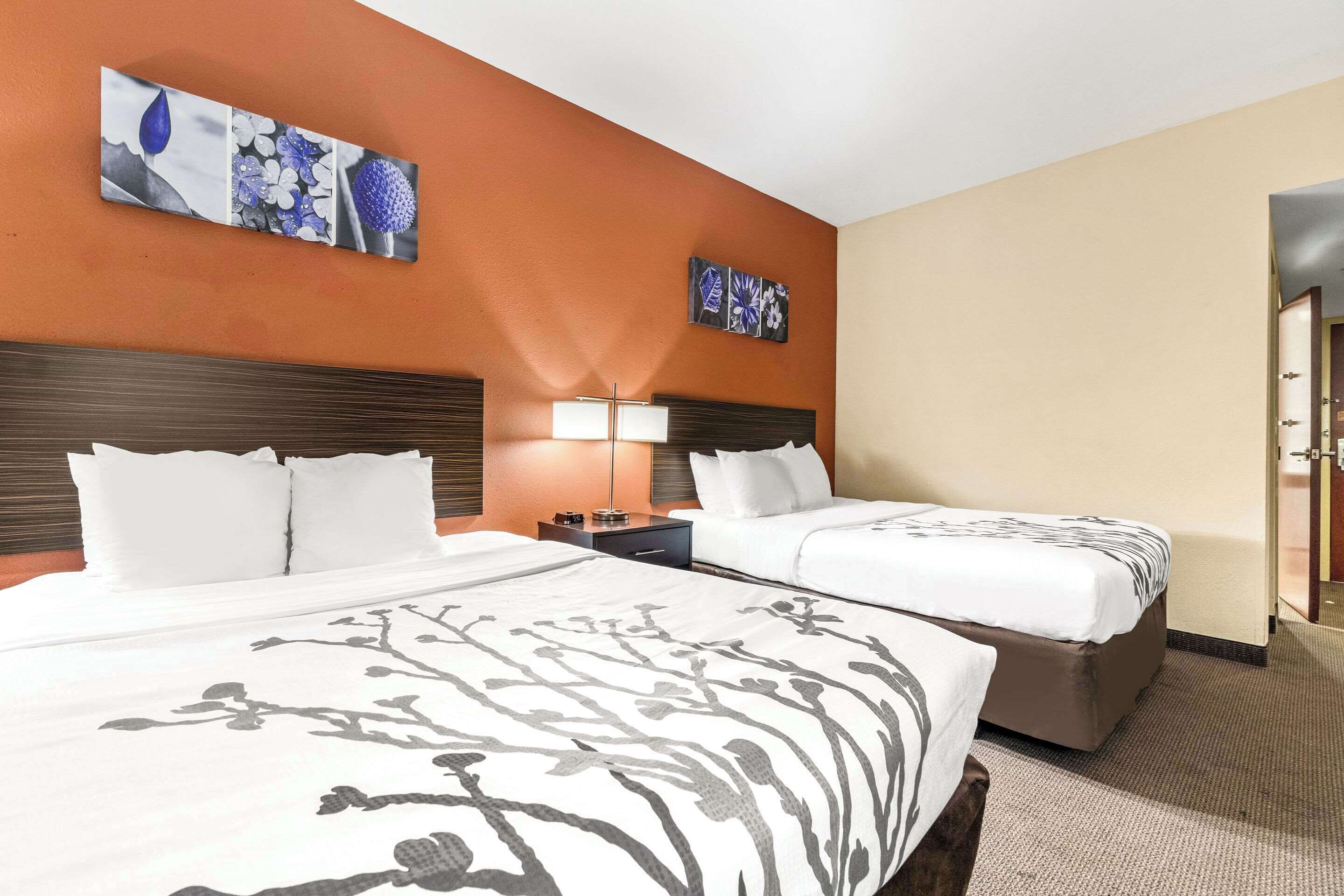 Una habitación de hotel con dos camas, una mesita de noche, una lámpara y decoración en la pared.