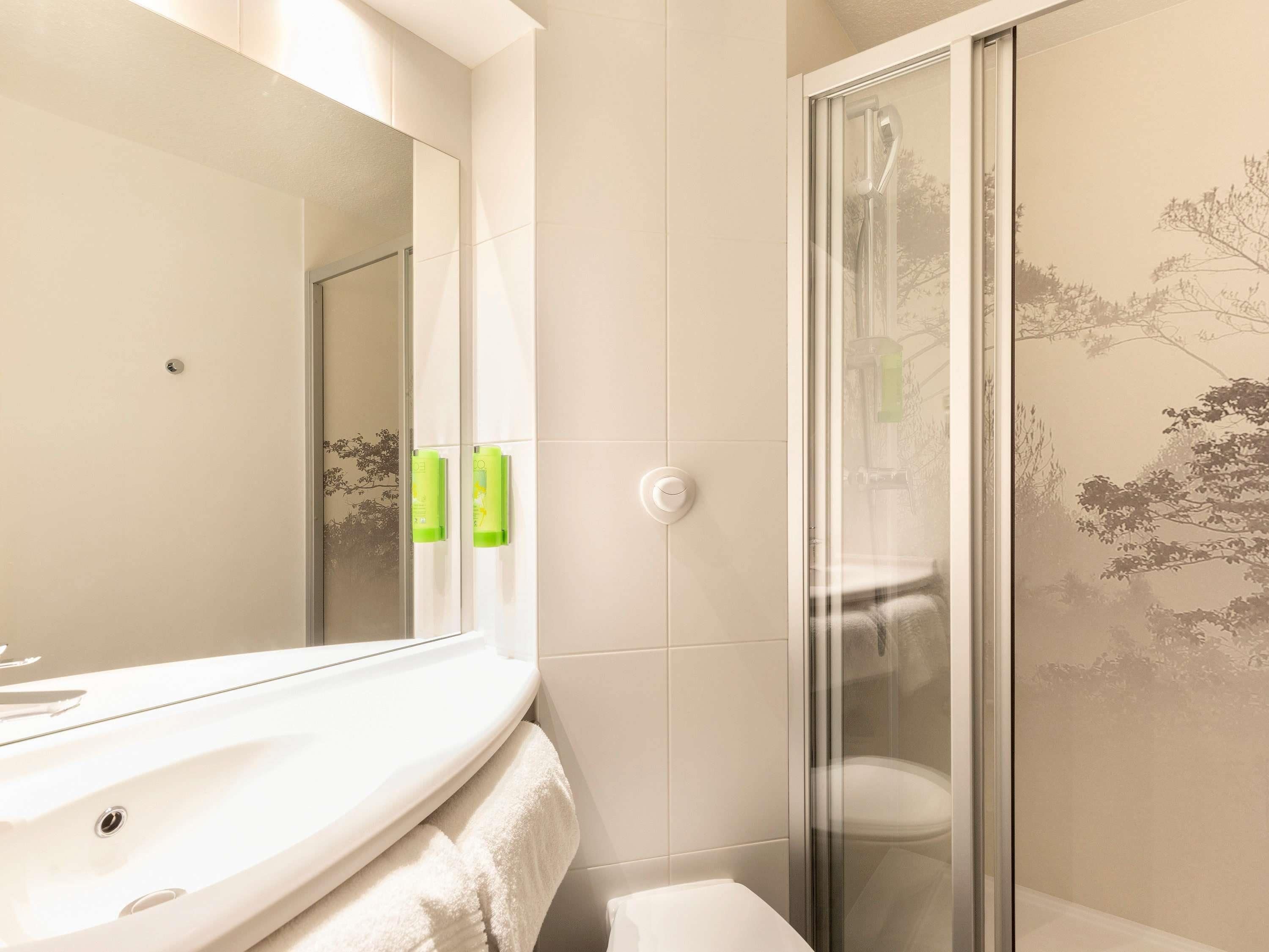 Une salle de bain avec un lavabo blanc, un miroir, une douche en verre et des toilettes.