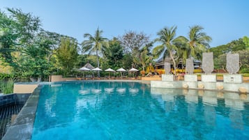 Outdoor pool, pool umbrellas, pool loungers