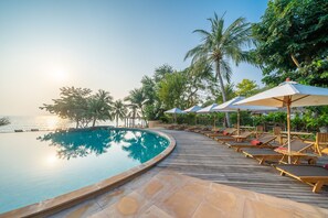 Outdoor pool, pool umbrellas, pool loungers