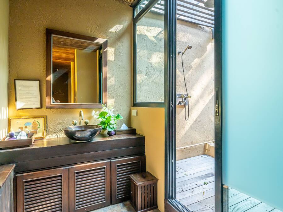 Un baño con un espejo grande, un lavamanos y una planta pequeña.