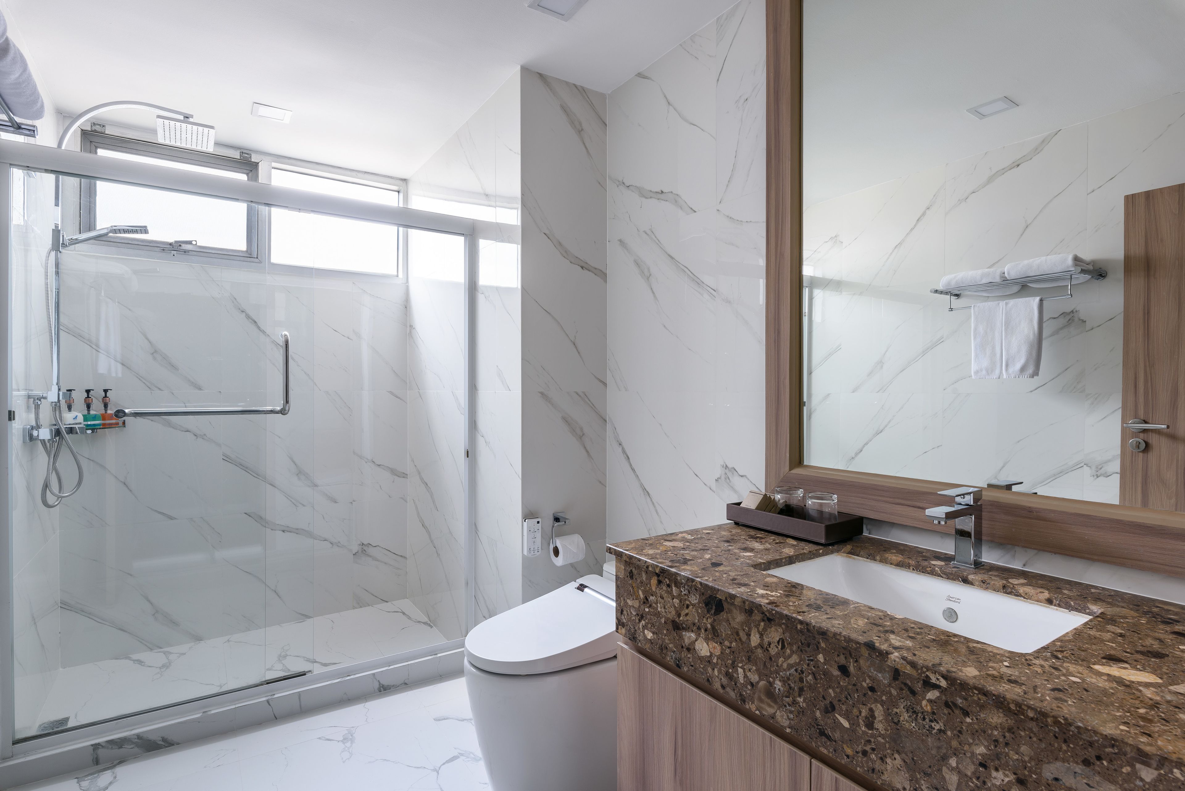 A modern bathroom with a glass-enclosed shower, a white toilet, a granite countertop sink, and a large mirror.