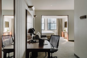 Premium bedding, desk, laptop workspace, free WiFi